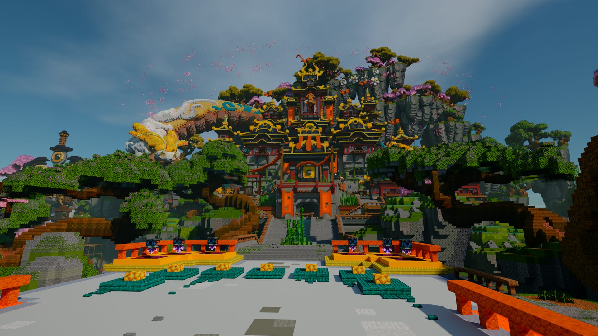 Het spawnplein met de NPC-platforms en de crates, en de tempel op de achtergrond